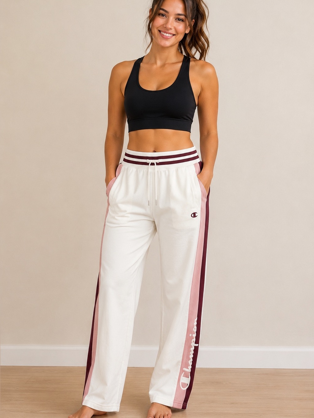 Champion Women’s Colourblock Track Pants White Pink Burgundy Size L